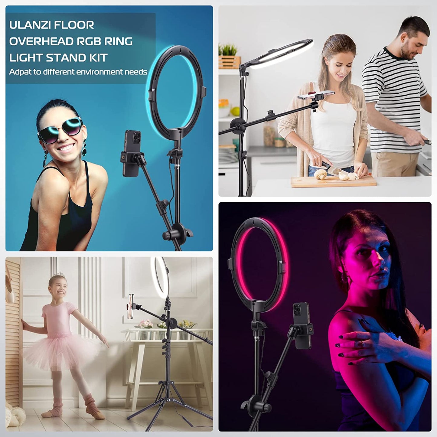 ULANZI Overhead 11" RGB Selfie Ring Light with Stand & Phone Holder, 68" Extendable Light Stand Kit w/ Overhead Arm, 3200k-6500K Dimmable Light for Video Recording, Live Streaming, Portrait & Makeup