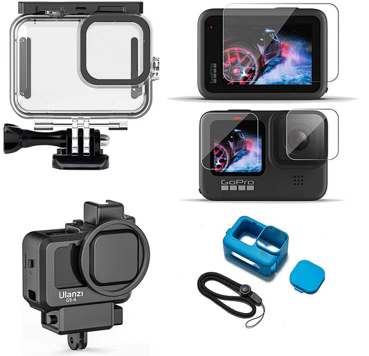 HIFFIN® Accessories Kit for Go Pro Hero 9 Black with Protective Housing + Ultra Clear Tempered Glass Screen Protector + Lens Protector + HD Front...