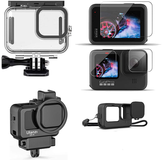 HIFFIN® Accessories Kit for Go Pro Hero 9 Black with Protective Housing + Ultra Clear Tempered Glass Screen Protector + Lens Protector + HD Front...